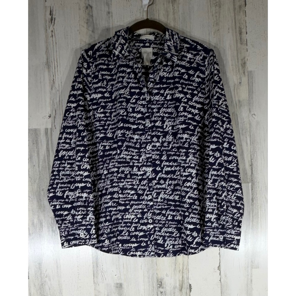 Chicos Button Down Shirt Size 1 or Medium Navy‎ Blue French Script Print No Iron
